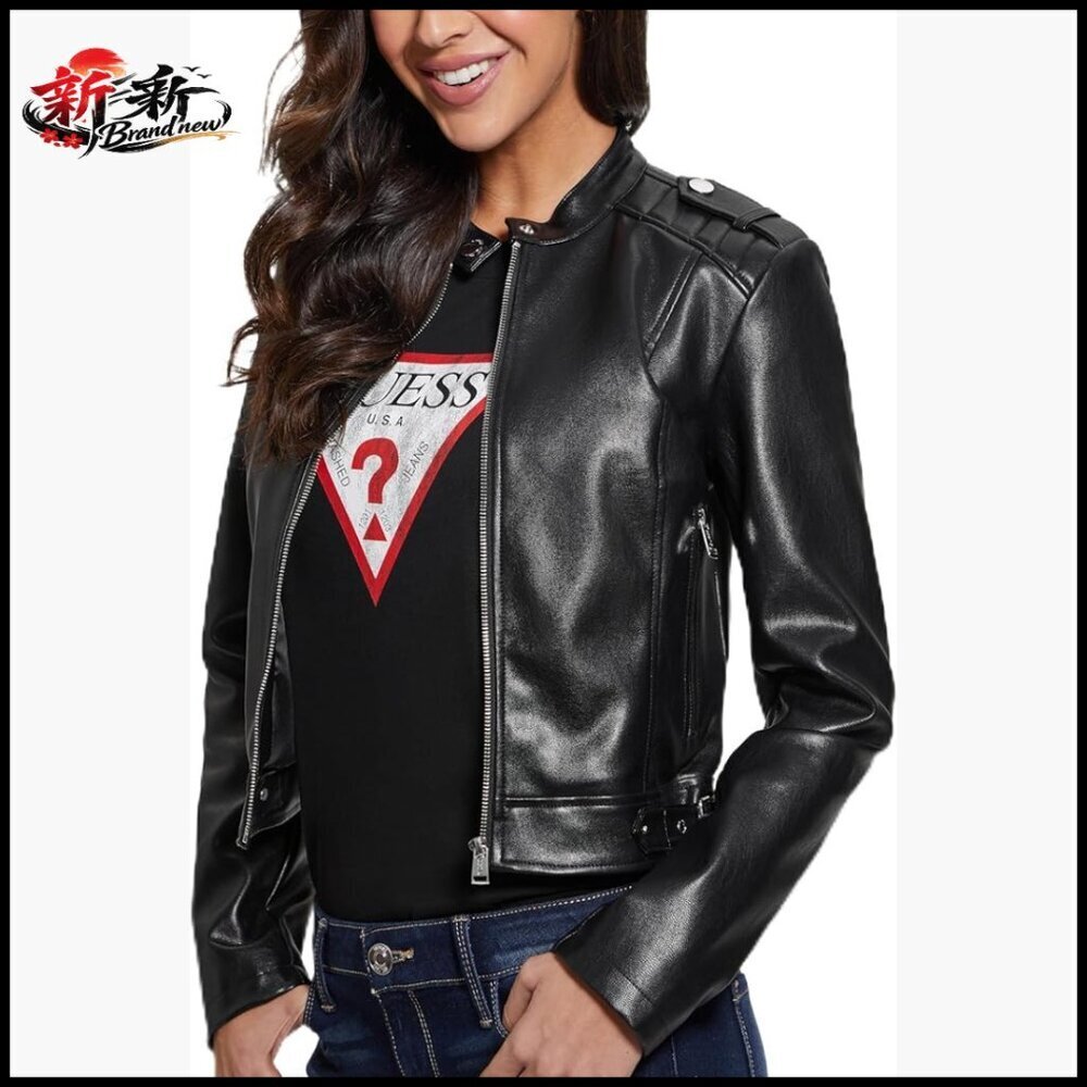 Faux leather fitted jacket with snap mandarin collar